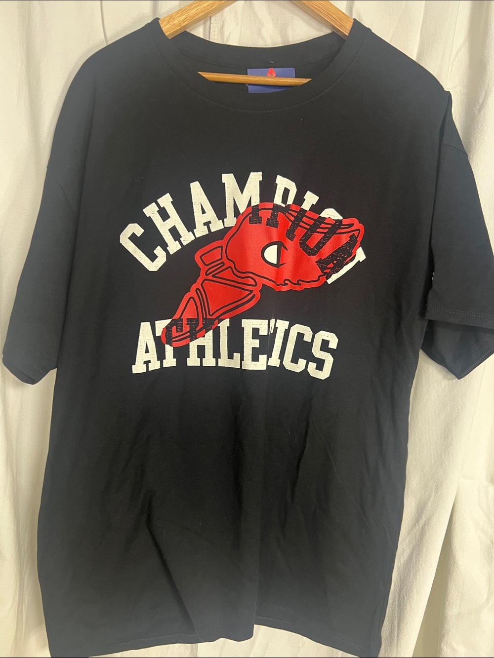 Champion XL Black Short Sleeve Tee with Red Track Graphic and White Text